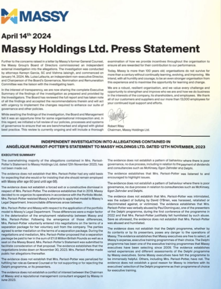 Massy Holdings investigation statement – Parisot-Potter proposed separation package of 11.8 Million British Pounds and seat on Massy Board